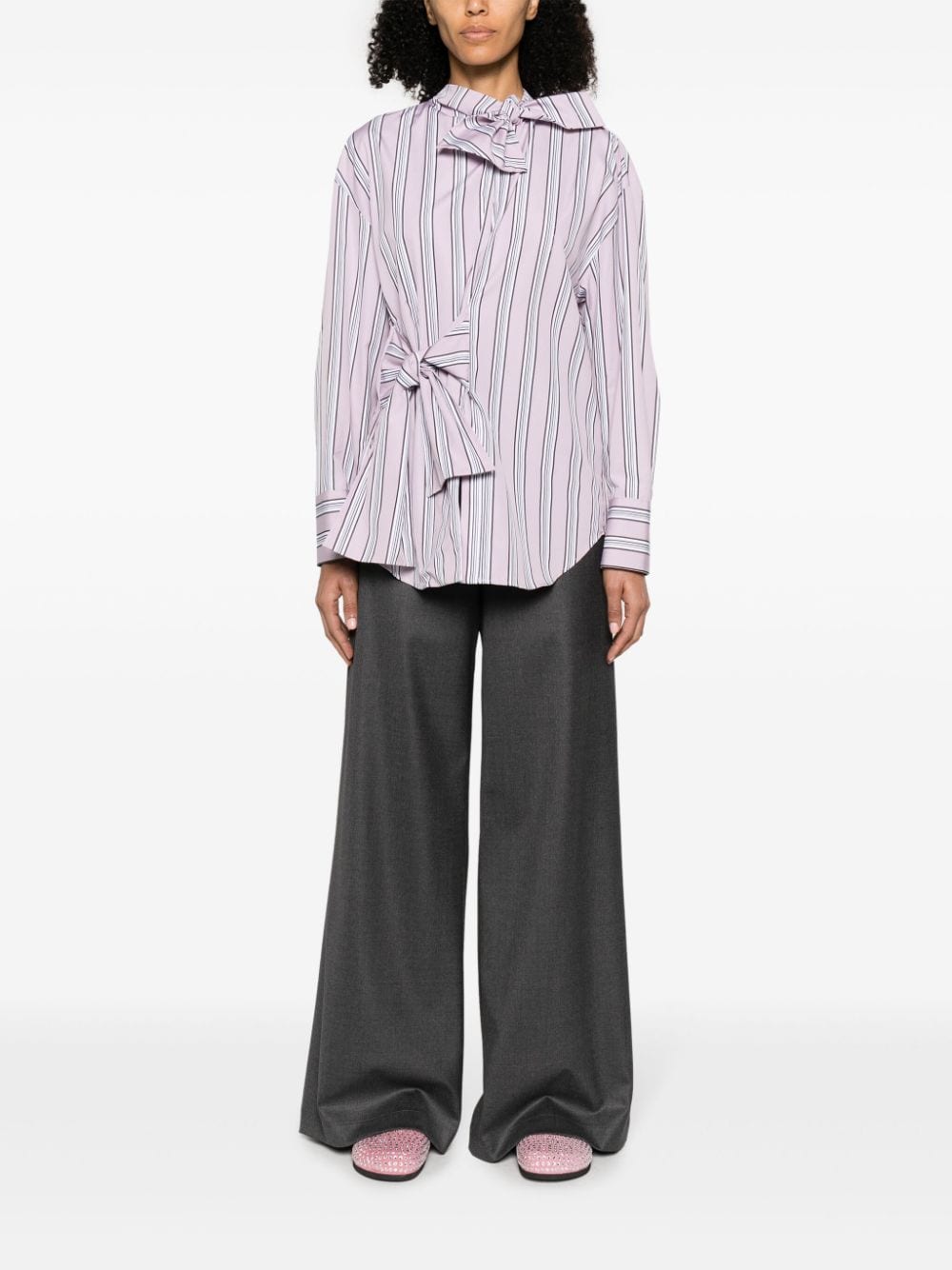 Shop Msgm Bow-detail Striped Shirt In Pink
