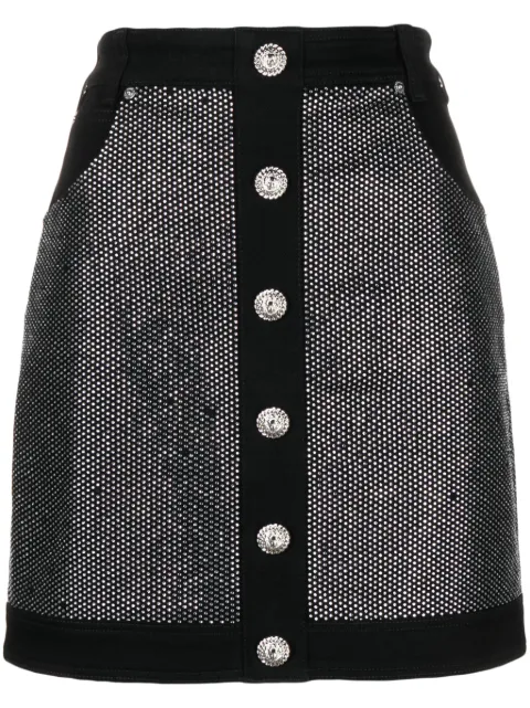 Balmain falda corta de mezclilla con detalles de strass