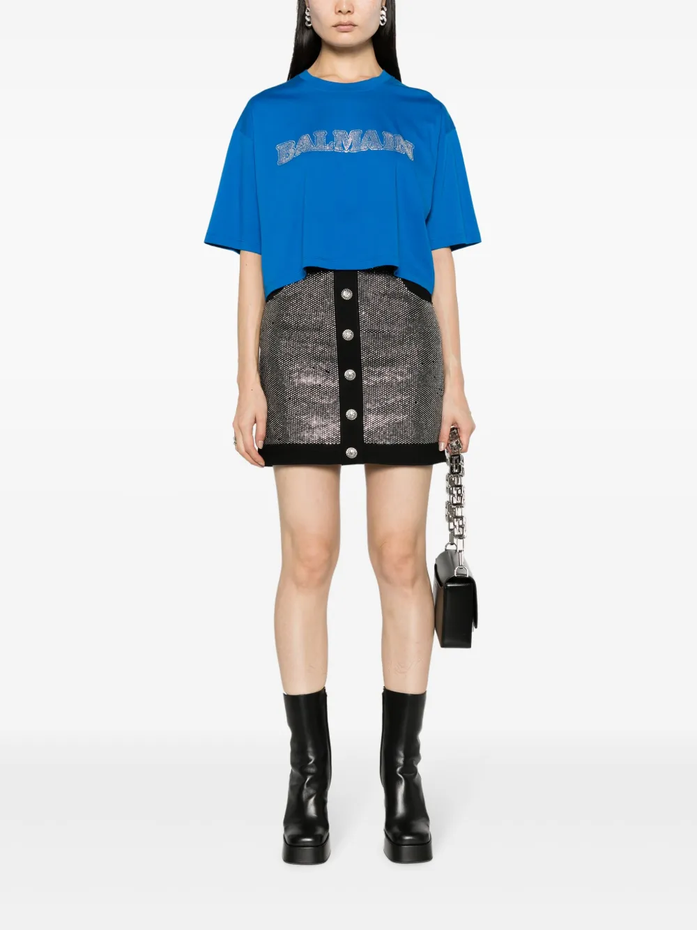 BALMAIN EMBELLISHED DENIM MINISKIRT