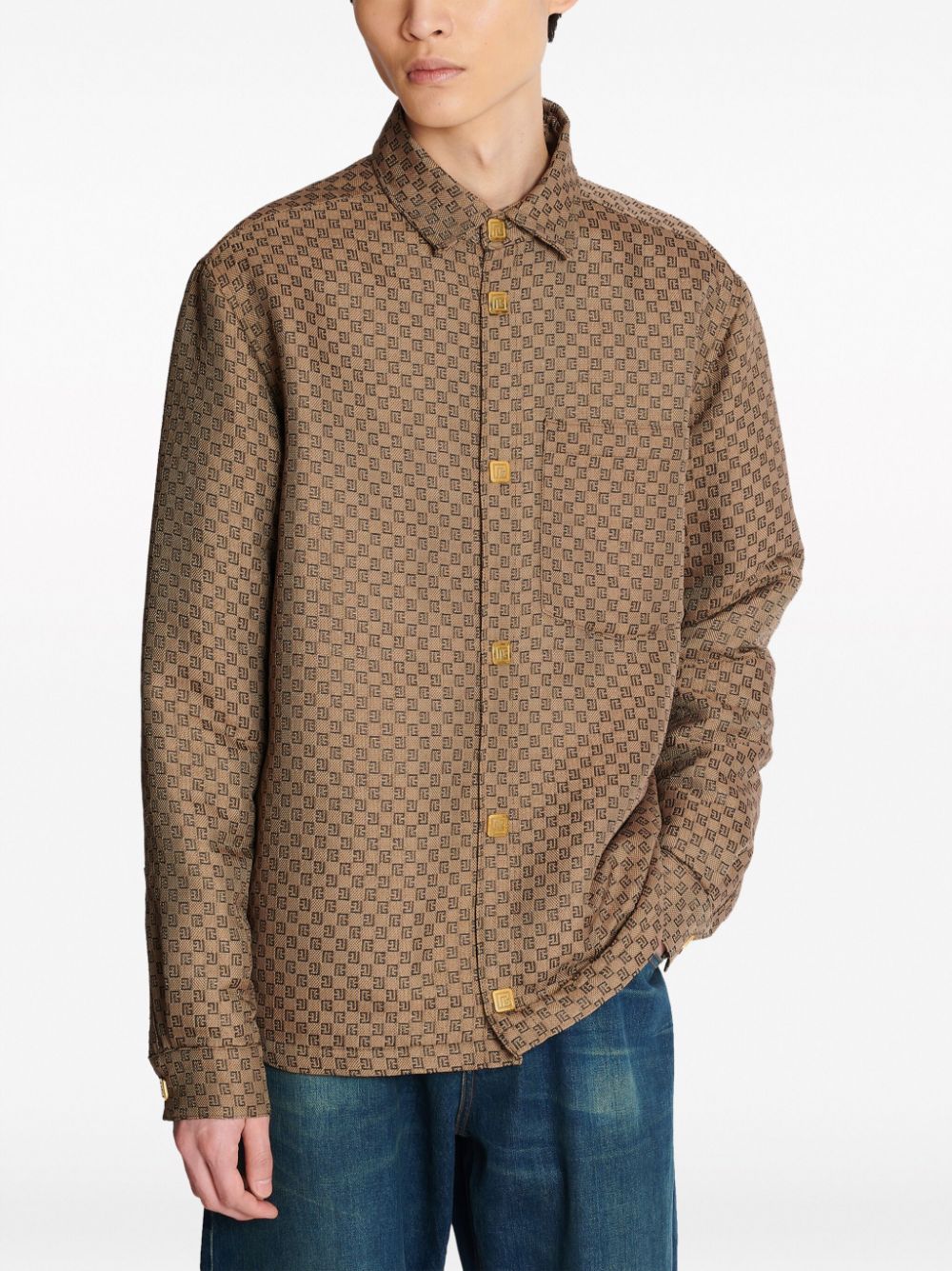 Shop Balmain Pb-monogram Shirt Jacket In Brown