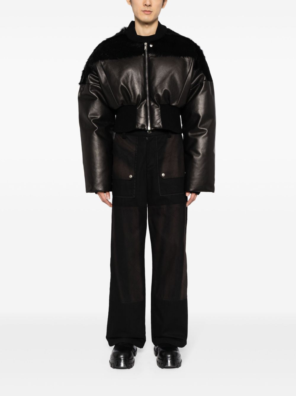 Rick Owens leather cropped padded jacket - Zwart