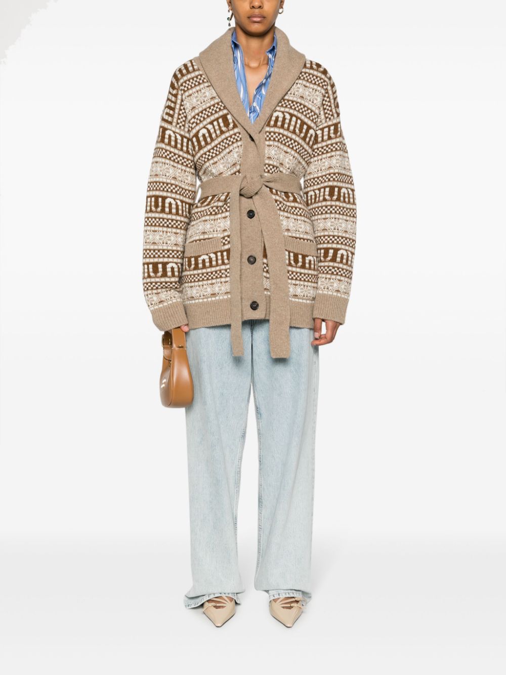 Miu Miu intarsia-knit logo virgin wool cardigan - Bruin