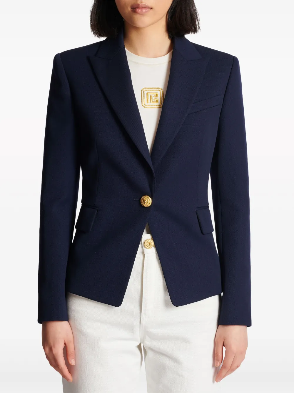 Shop Balmain Single-breasted Wool Blazer In Blue