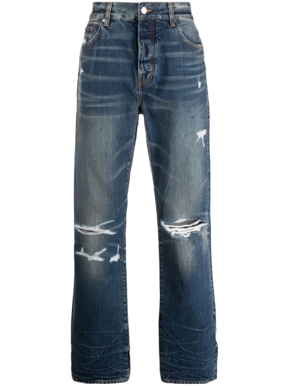 Amiri Logo-patch Ripped-detailing Straight-leg Jeans In Blue
