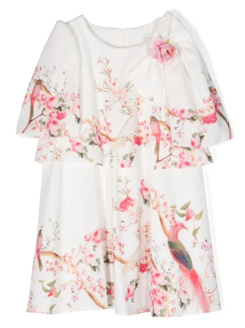 Patachou floral-appliqué bird-print dress