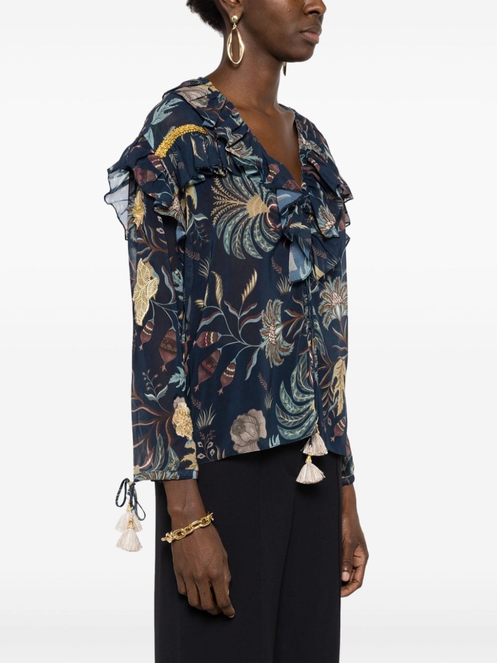 Shop Lethicia Bronstein Afrodite Floral-print Ruffled Blouse In Green