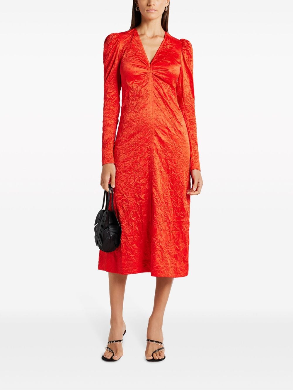 Shop Ganni Crinkled-satin Midi Dress In Orange