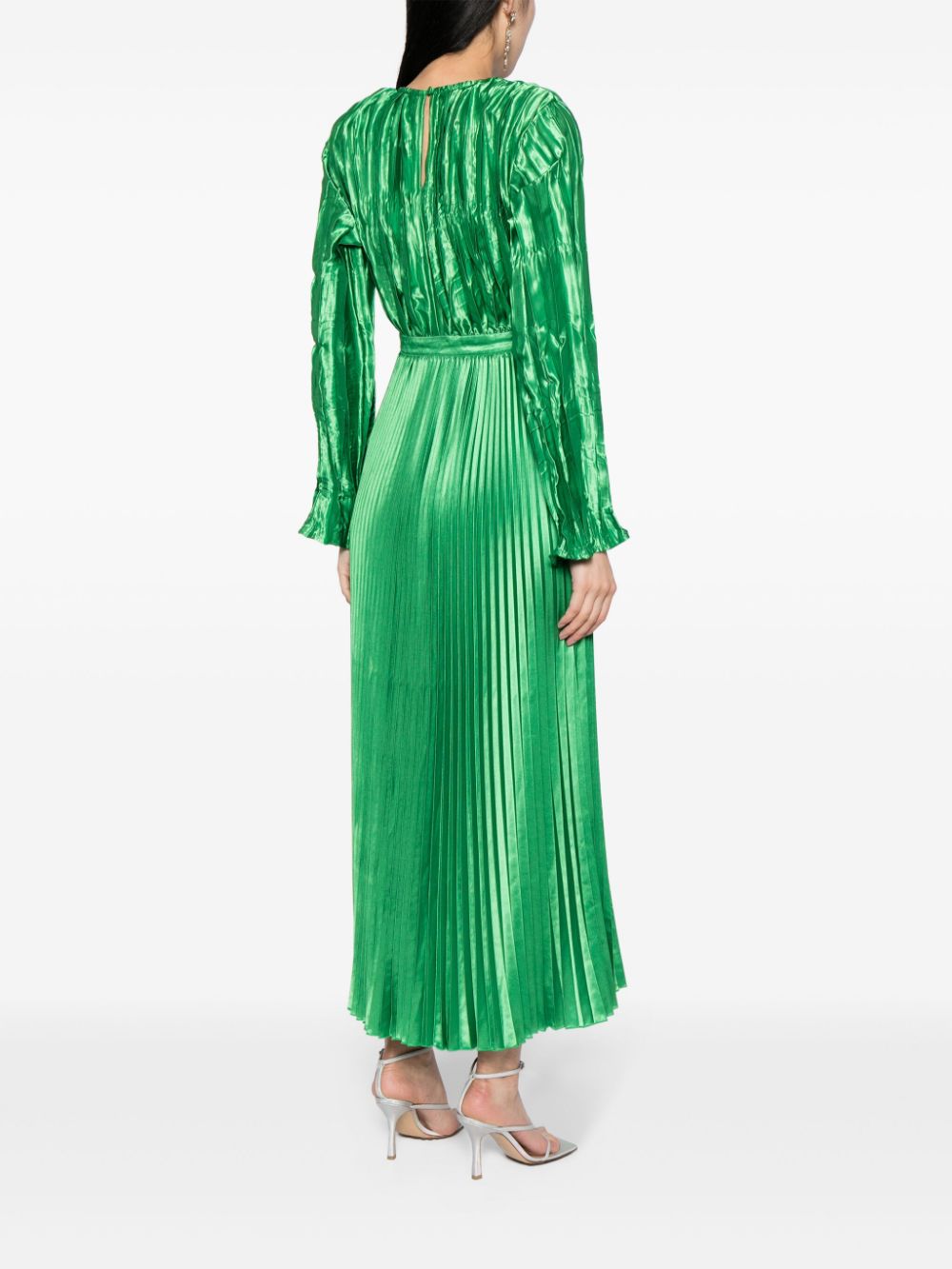 Shop L'idée Long-sleeve Plissé Maxi Dress In Green