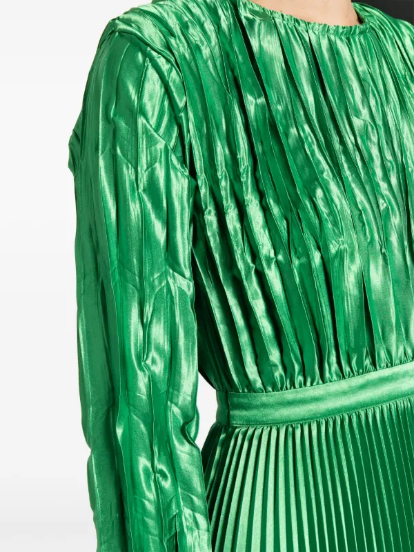 knee length dresses for ladies Green Pleated High Neck Long Sleeve Gown with Slit main image 0