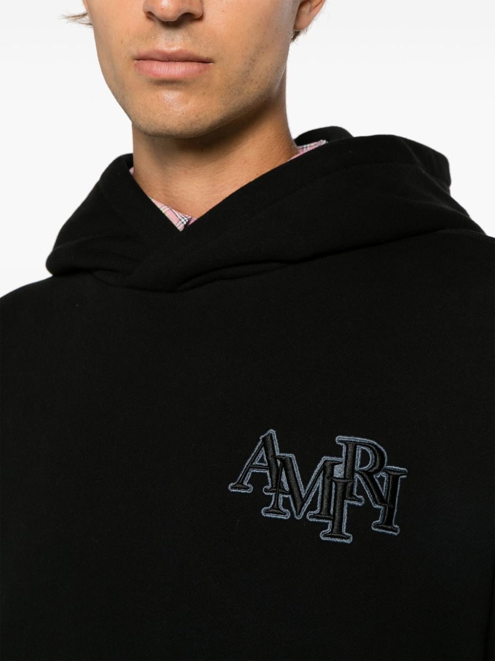 Shop Amiri Staggered Logo-embroidered Cotton Hoodie In Black