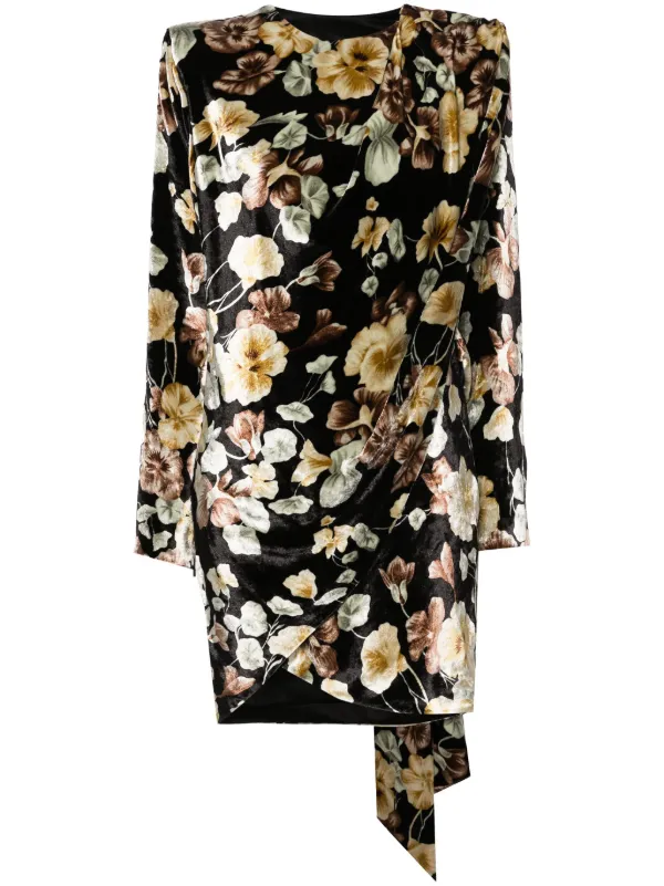 Saint Laurent Floral-print Velvet Wrap Dress in Black
