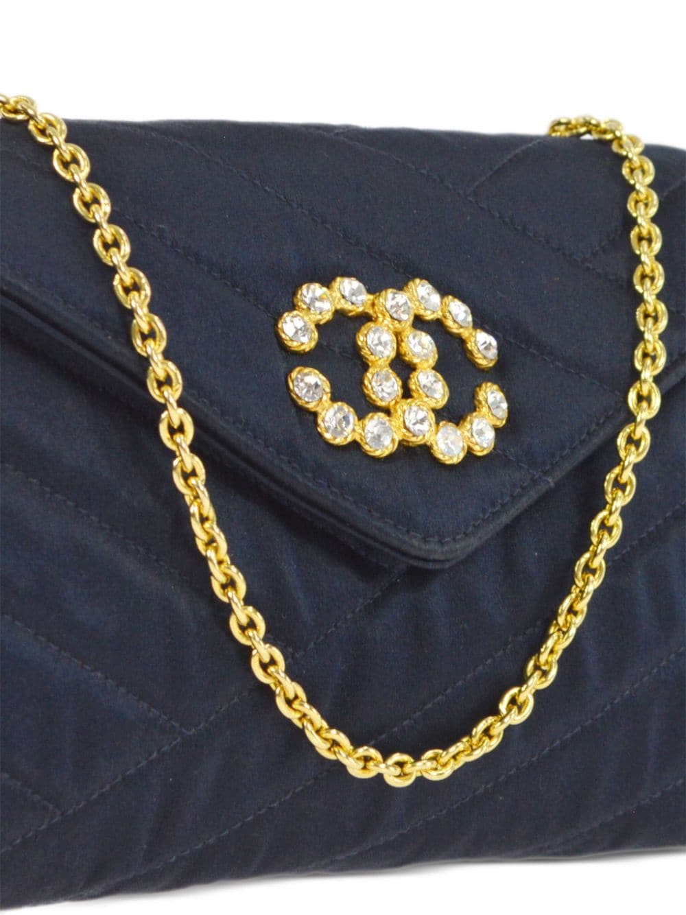 Pre-owned Chanel 1990 Bias Quilt Rhinestone-embellished Chain Shoulder Bag In Blue