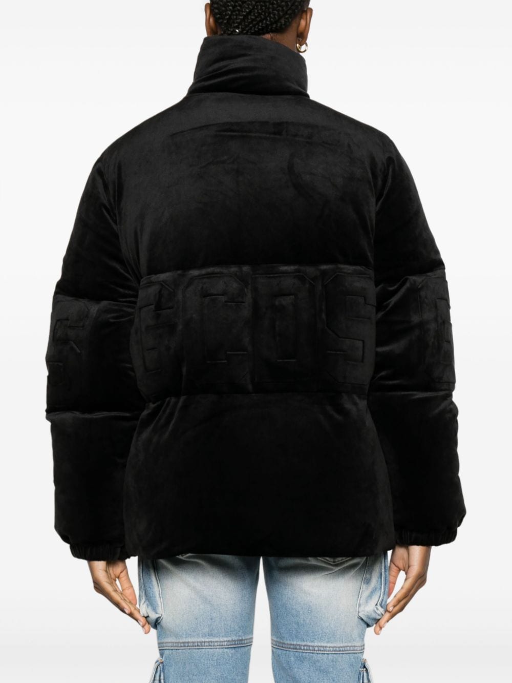 Shop Gcds Logo-embossed Velvet Padded Jacket In Black
