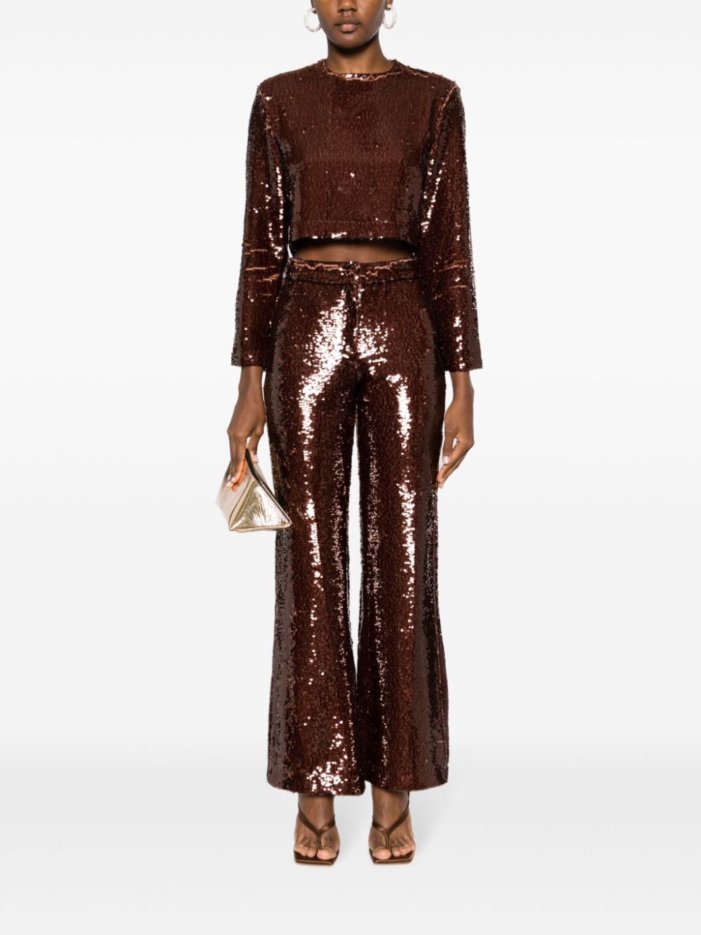 Shop Sabina Musayev Sequined Flared Trousers In Brown
