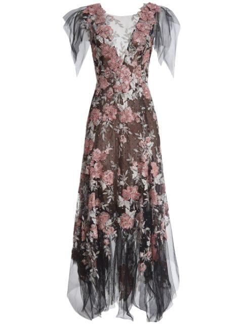 Marchesa floral-pattern V-neck gown 