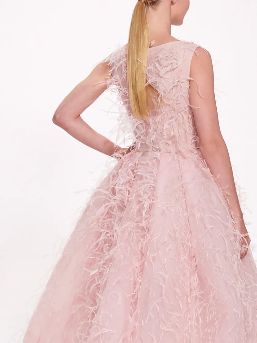 MARCHESA FEATHER-EMBELLISHED FLARED GOWN