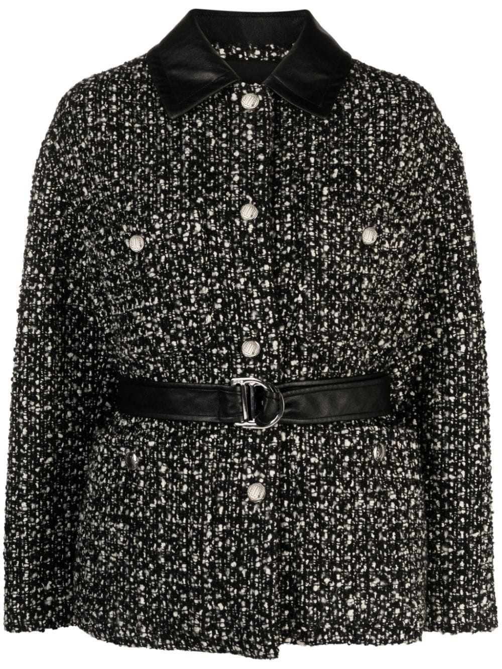 Maje Belted Faux Leather-trim Tweed Jacket In Black