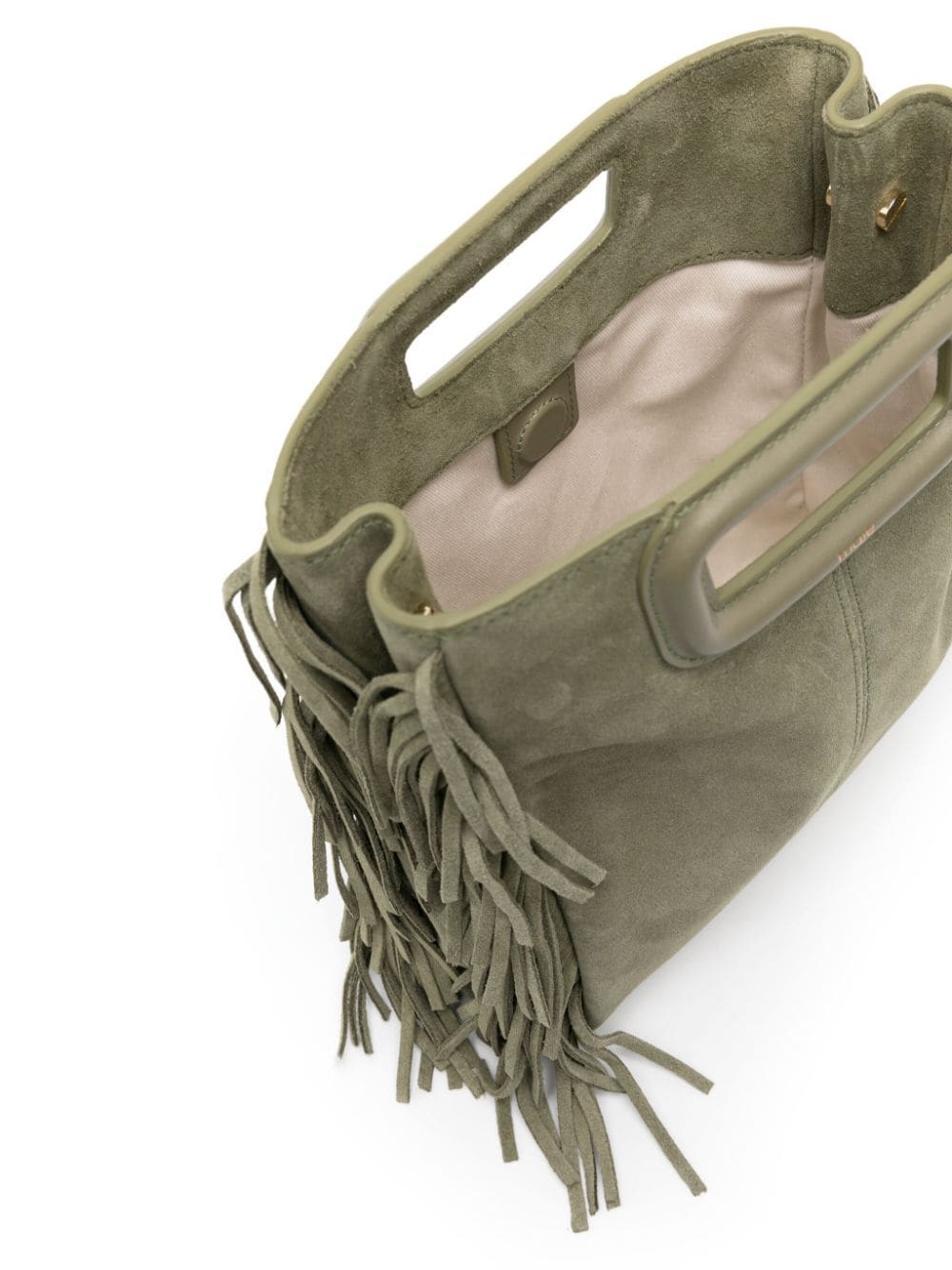 Shop Maje Fringed Suede Crossbody Bag In Green