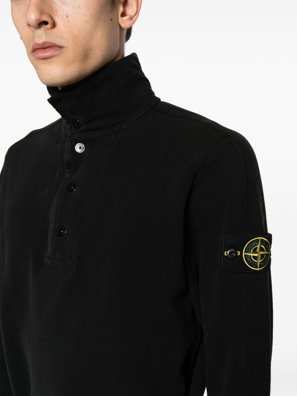 Shop Stone Island Button-up Cotton Blend Sweatshirt In Black