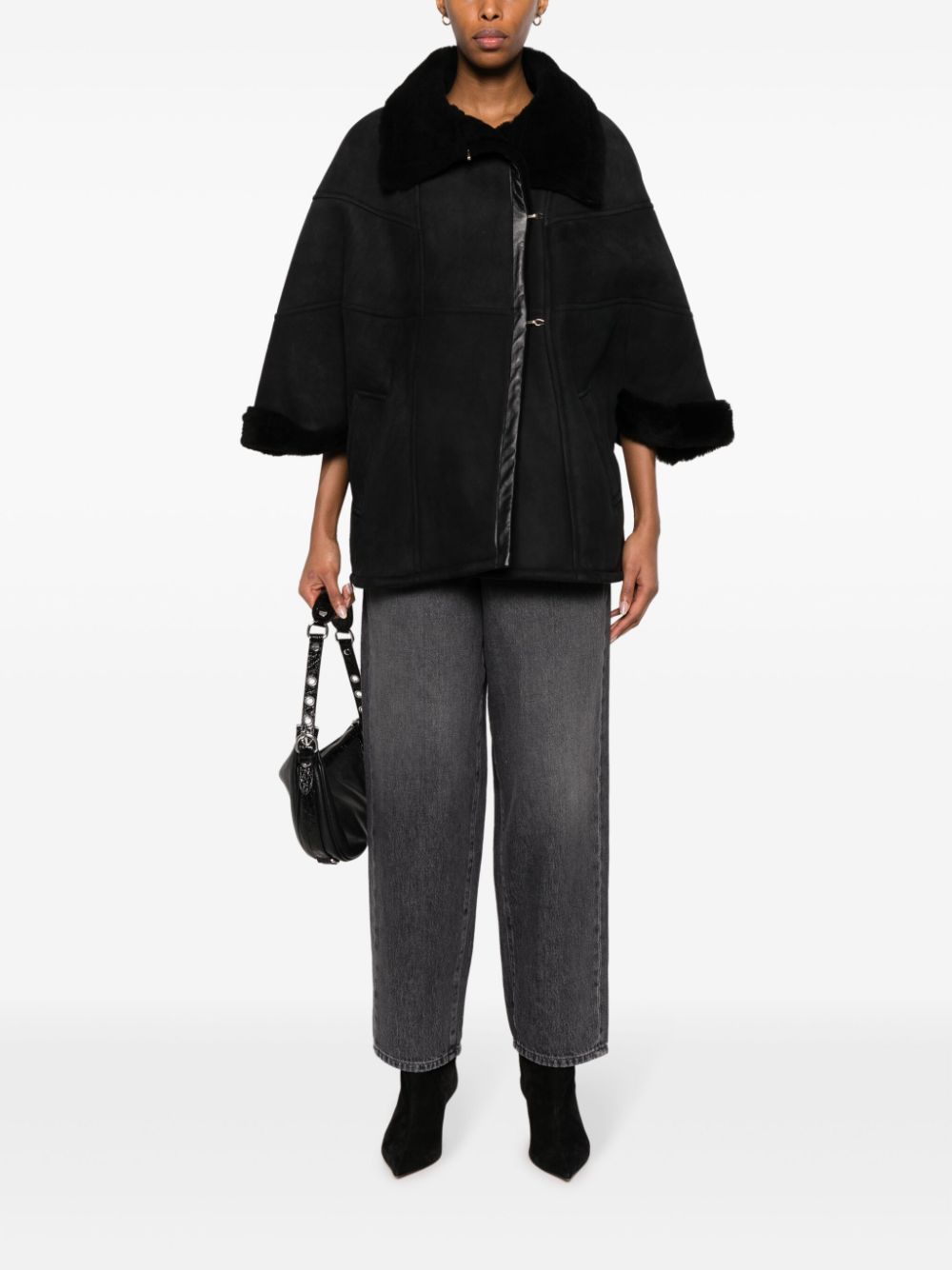 Erika Cavallini shearling-lined leather cape - Zwart