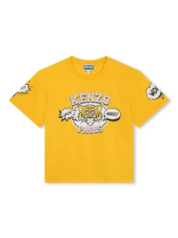 Kenzo Kids Tiger Head print Cotton T shirt Yellow FARFETCH SG