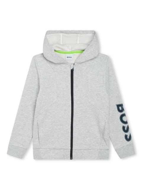 logo-embossed zip-fastening hoodie