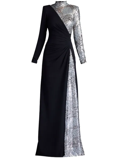 Tadashi Shoji panelled long-sleeve gown