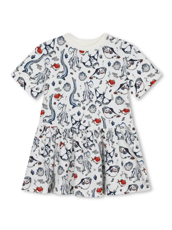 Kenzo Kids ocean-print Cotton Dress | White | FARFETCH