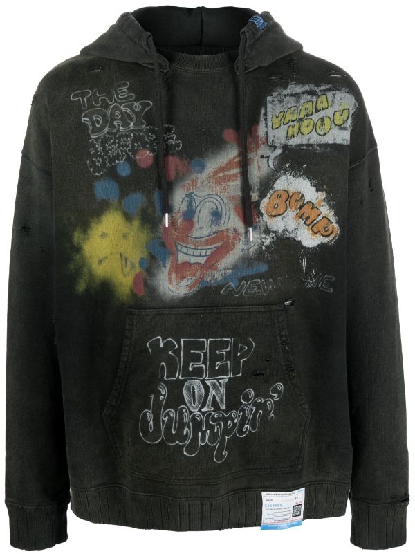 Black Distressed-hem washed cotton-jersey hoodie