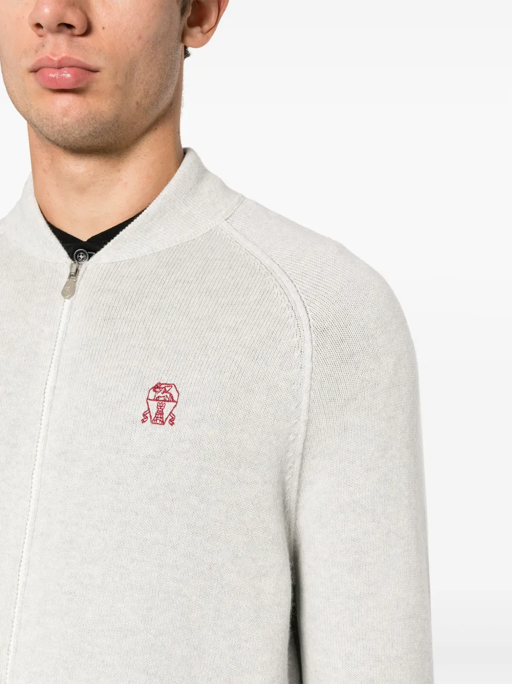 Brunello Cucinelli Logo-embroidery Cashmere Cardigan In Grey