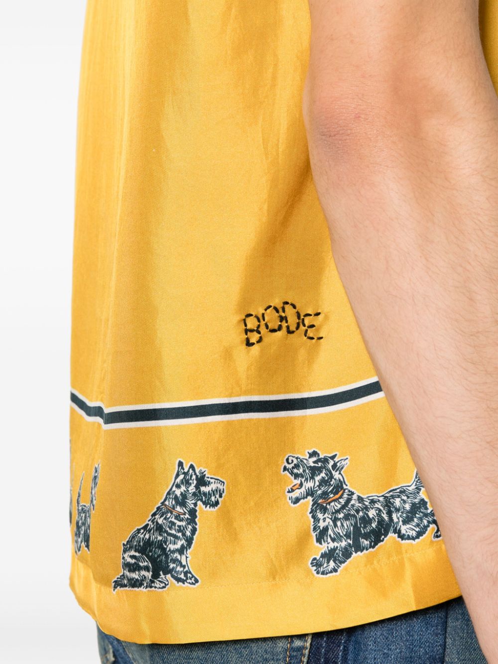 Shop Bode Running Scottie-print Silk Shirt In Yellow