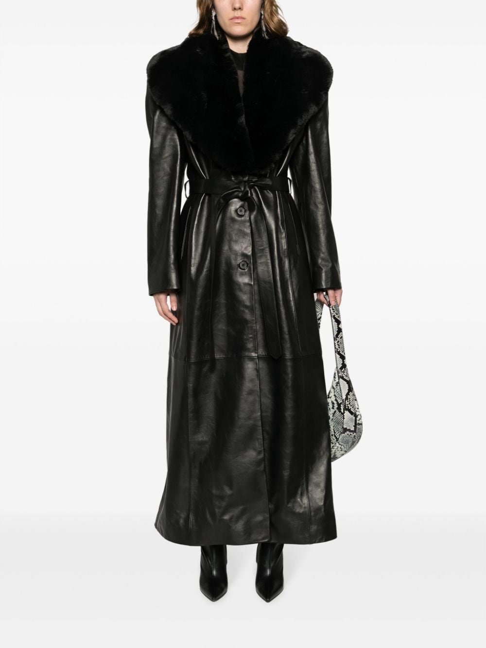 Shop Magda Butrym Faux-fur Collar Leather Belted Coat In Black