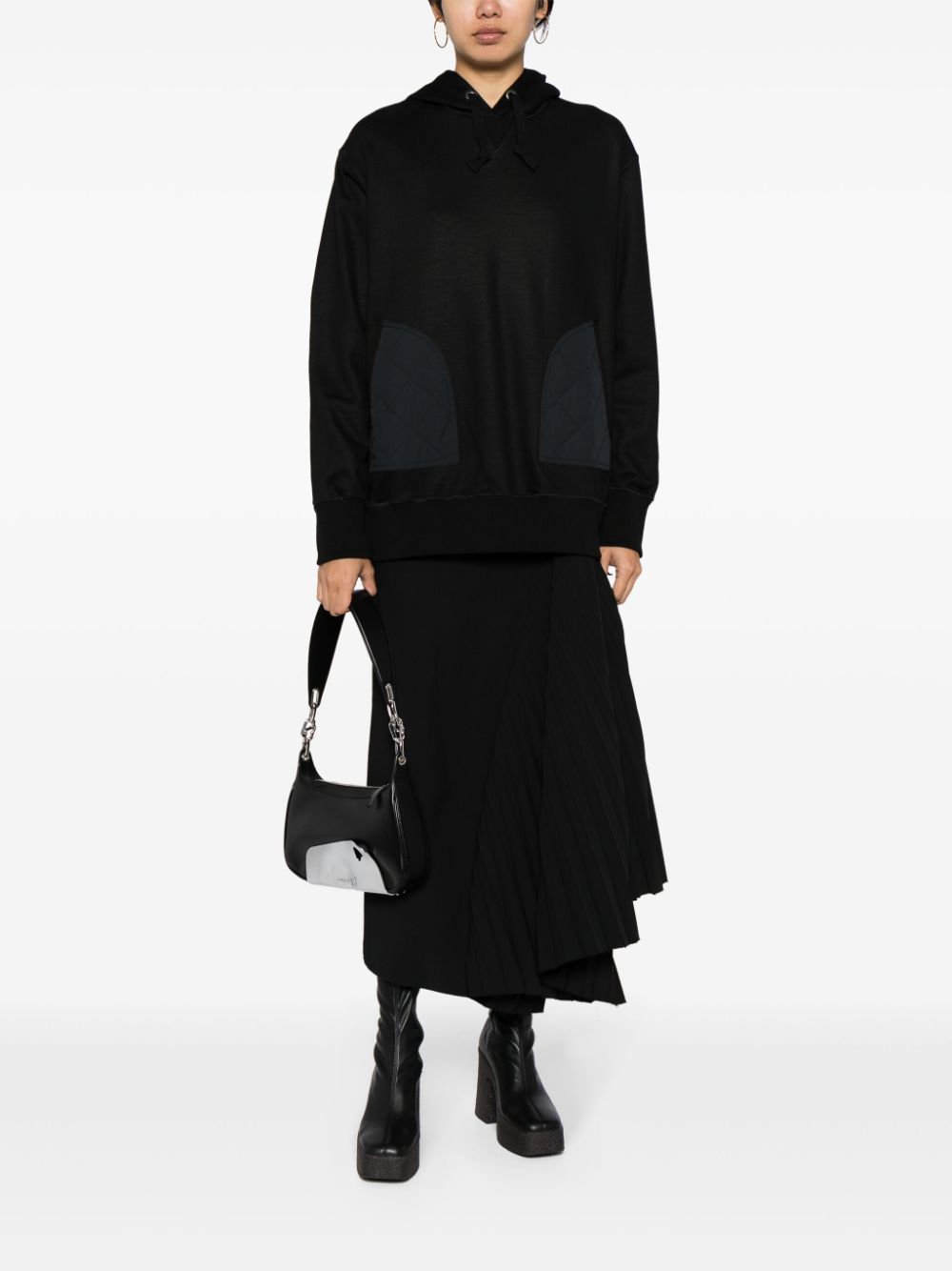Shop Junya Watanabe Quilted Panelled Drawstring Cotton Hoodie In Black