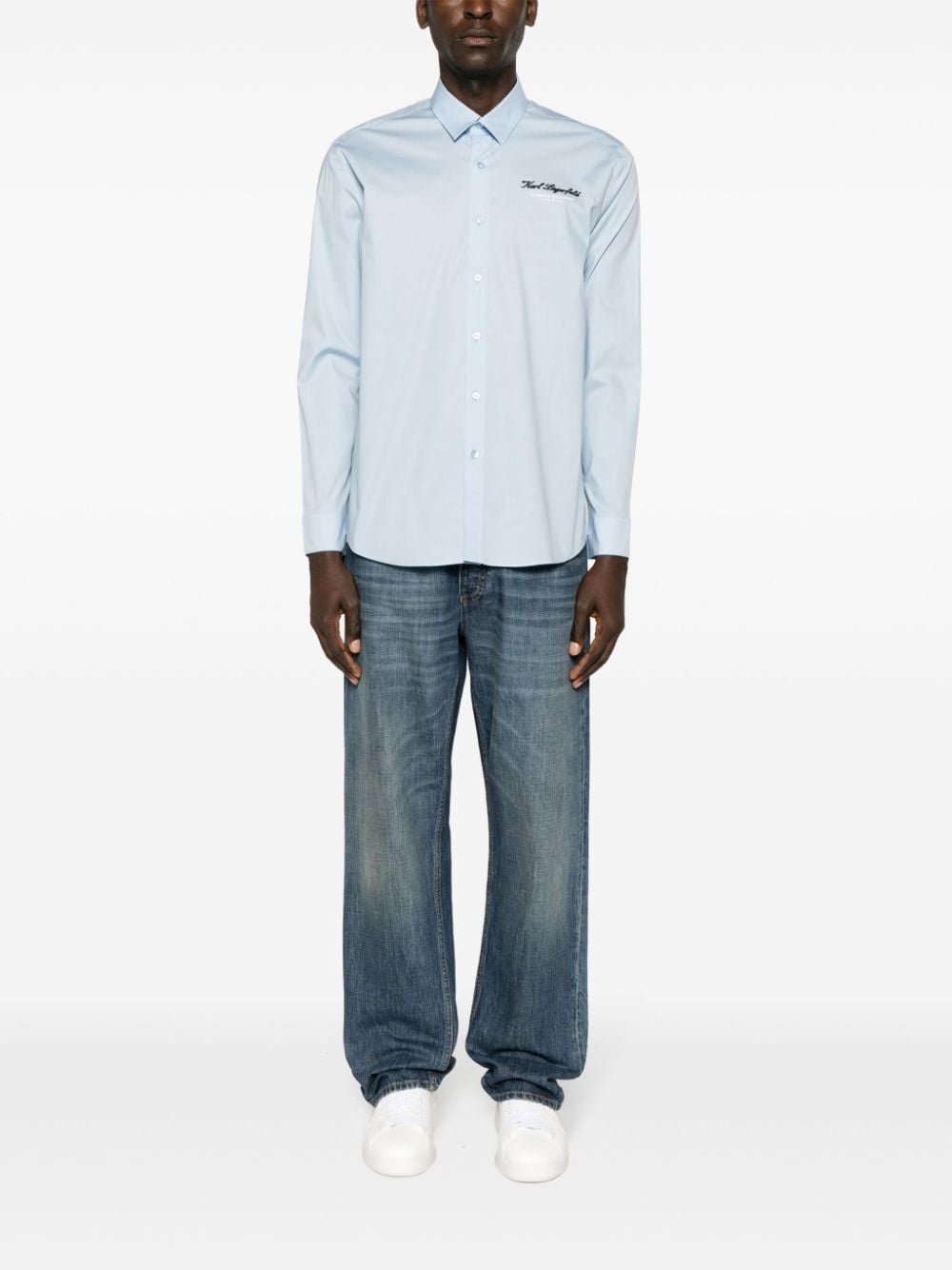 Shop Karl Lagerfeld Logo Embossed Poplin Shirt In Blue