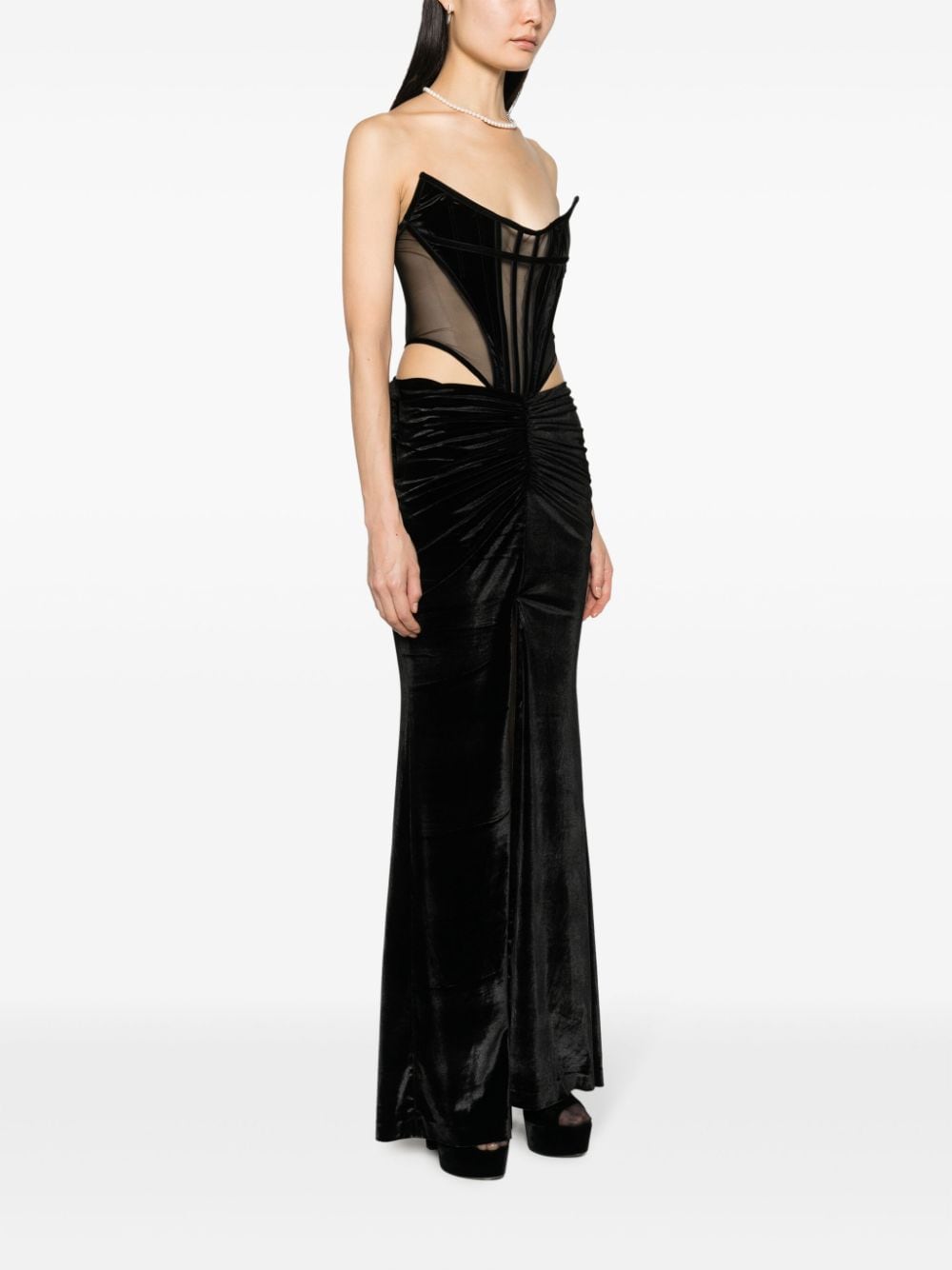 Shop Amen Boned-bodice Velvet Maxi Dress In Black