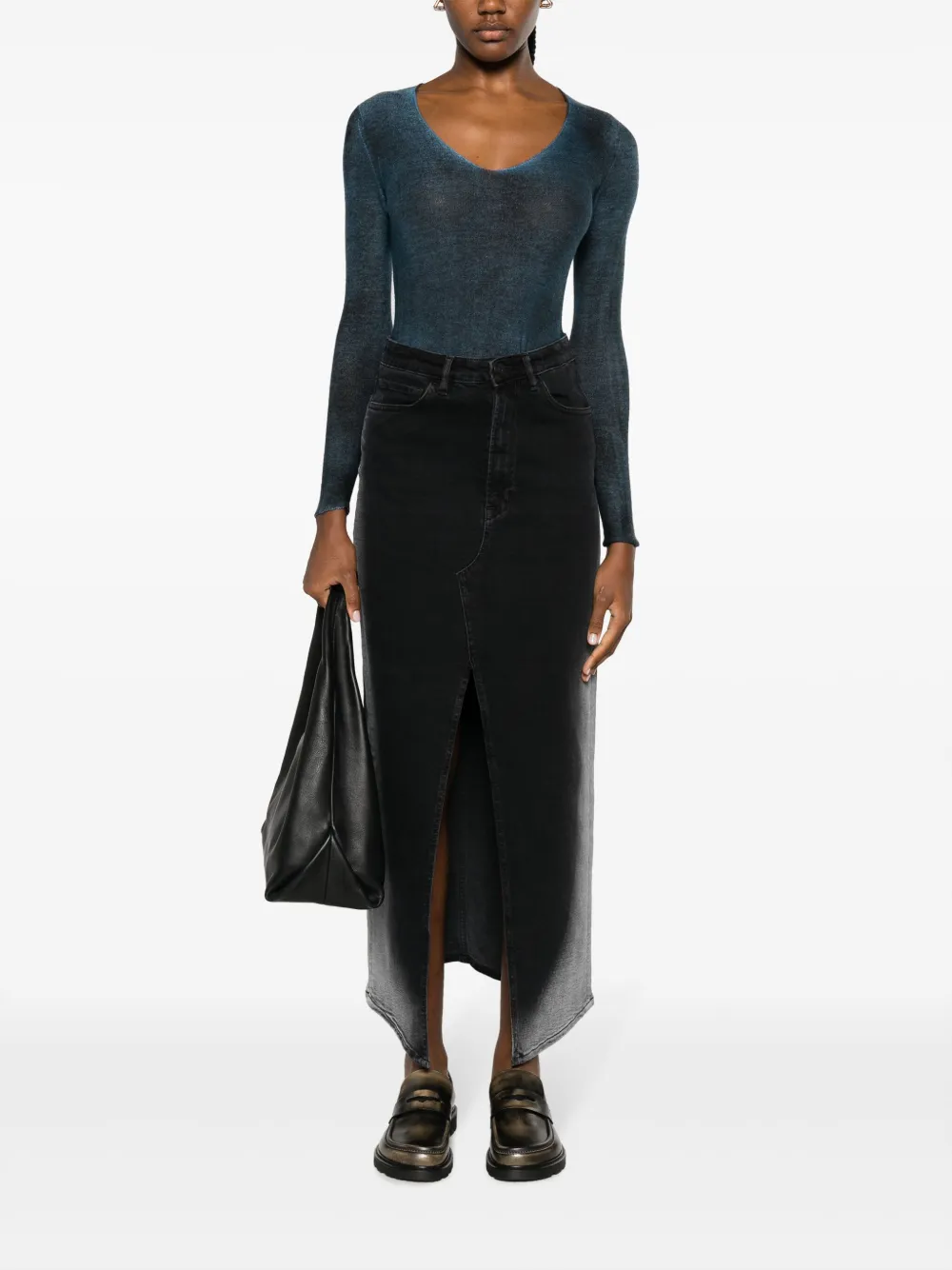 Shop 3x1 Elizabella Maxi Front-slit Denim Skirt In Black