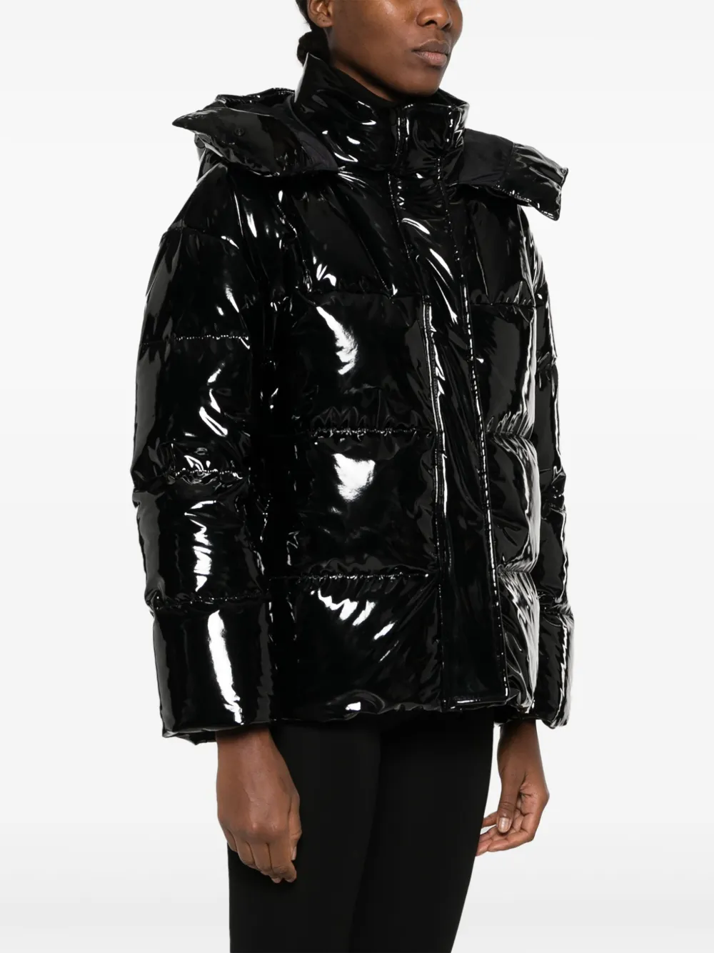 Black shiny puffer coat with hood Clearance