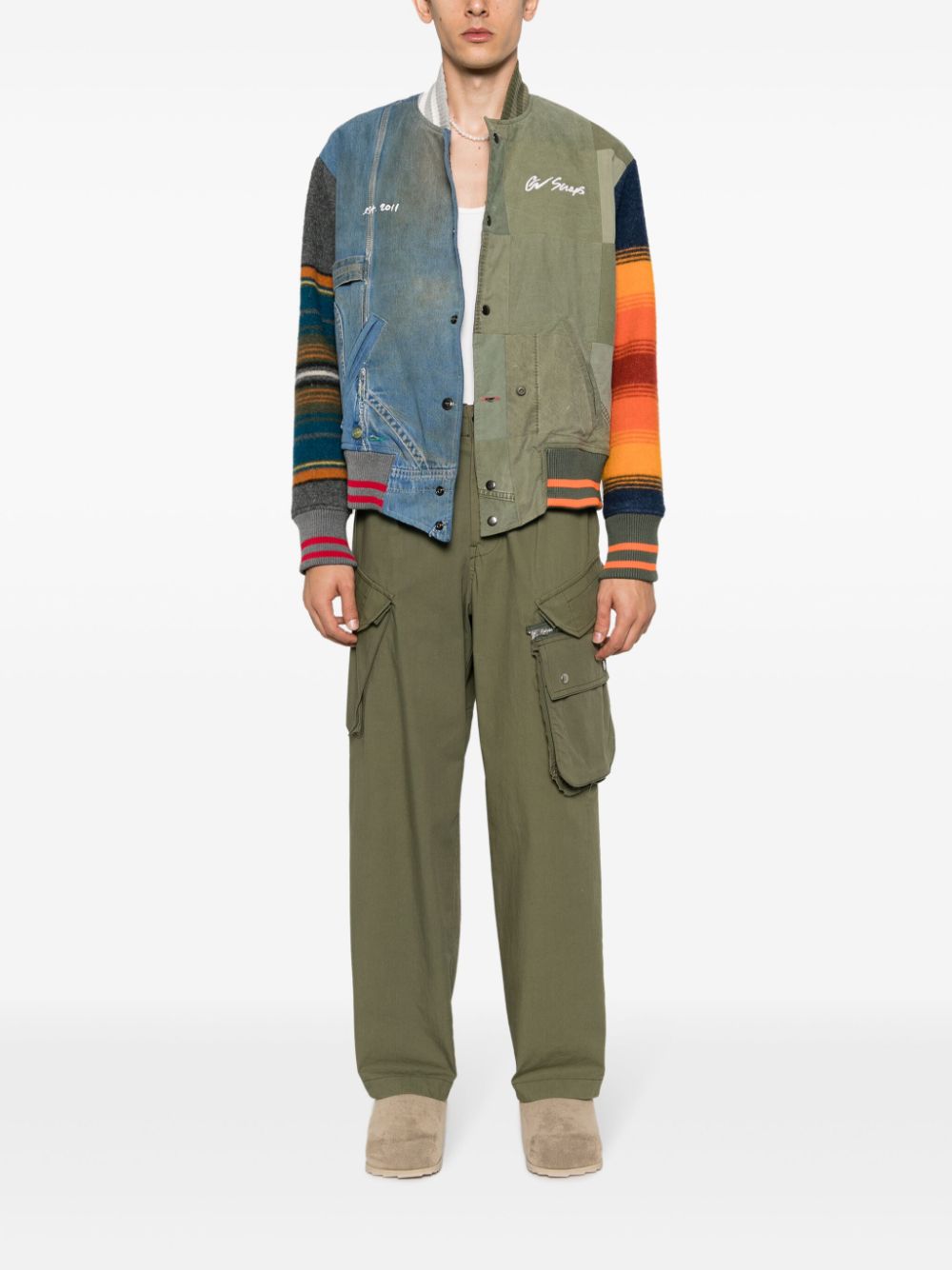 Greg Lauren colour-block panelled bomber jacket - Groen