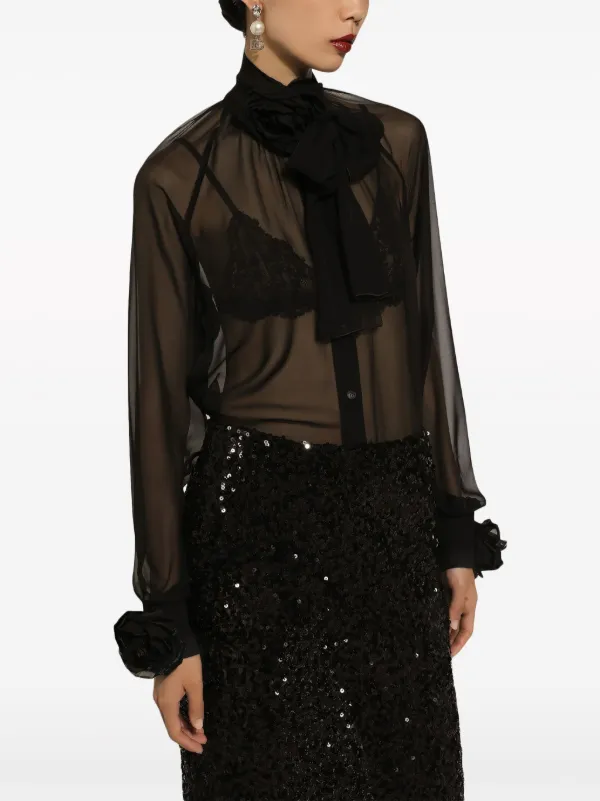 Dolce & Gabbana floral-appliqué Sheer Shirt | Black | FARFETCH