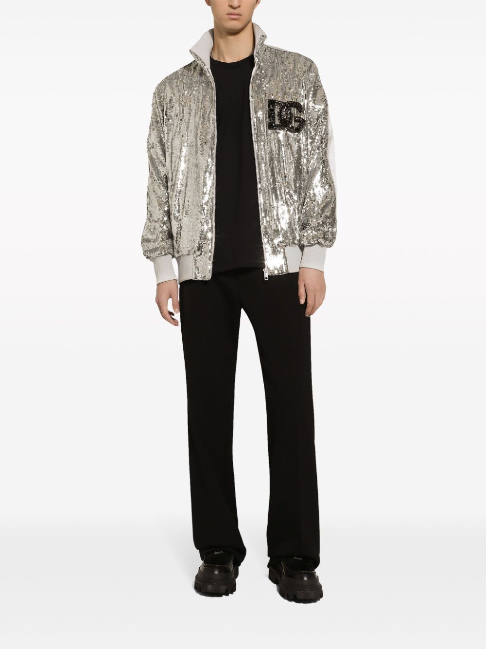 Shop Dolce & Gabbana D&g Sequinned Bomber Jacket In Silver