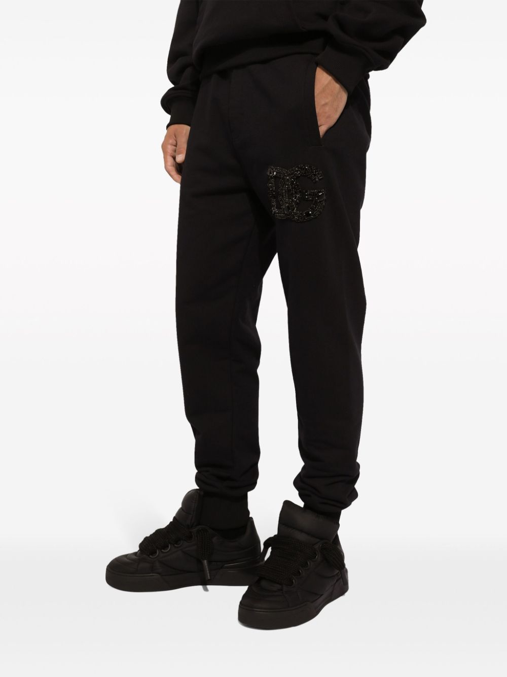 Shop Dolce & Gabbana Crystal-embellished Cotton Track Pants In Black