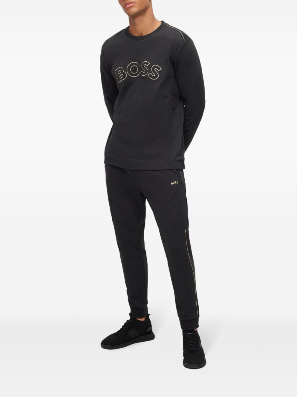 Shop Hugo Boss Logo-embroidered Crew-neck Sweatshirt In Black