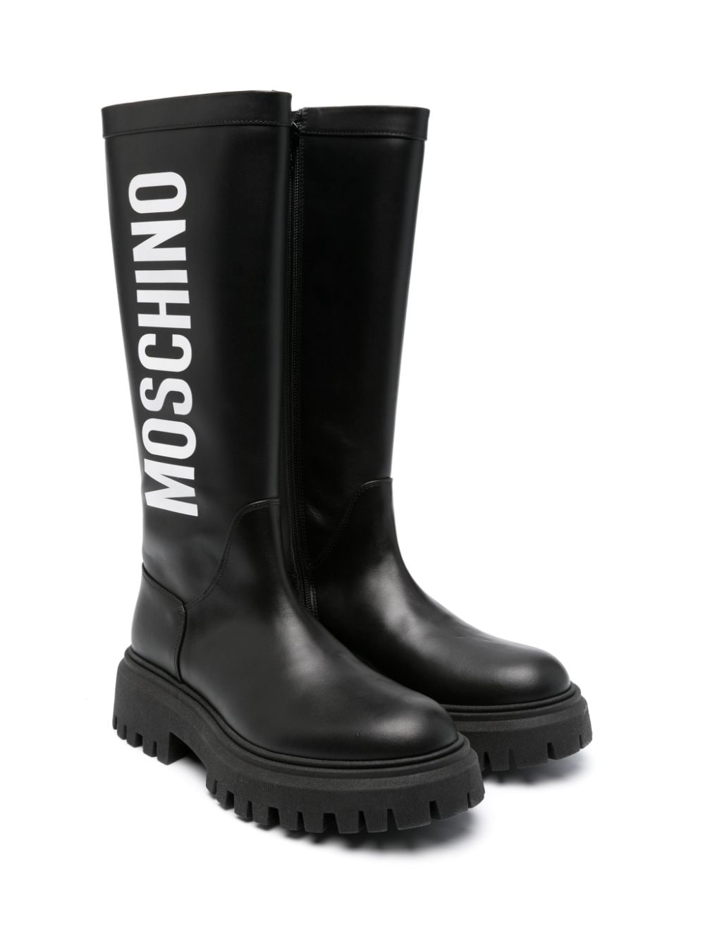 Moschino Kids' Logo-print Knee-length Leather Boots In Black