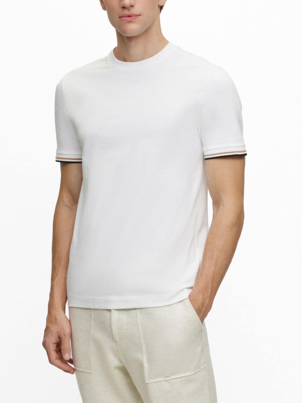 Shop Hugo Boss Striped-cuffs Cotton T-shirt In White