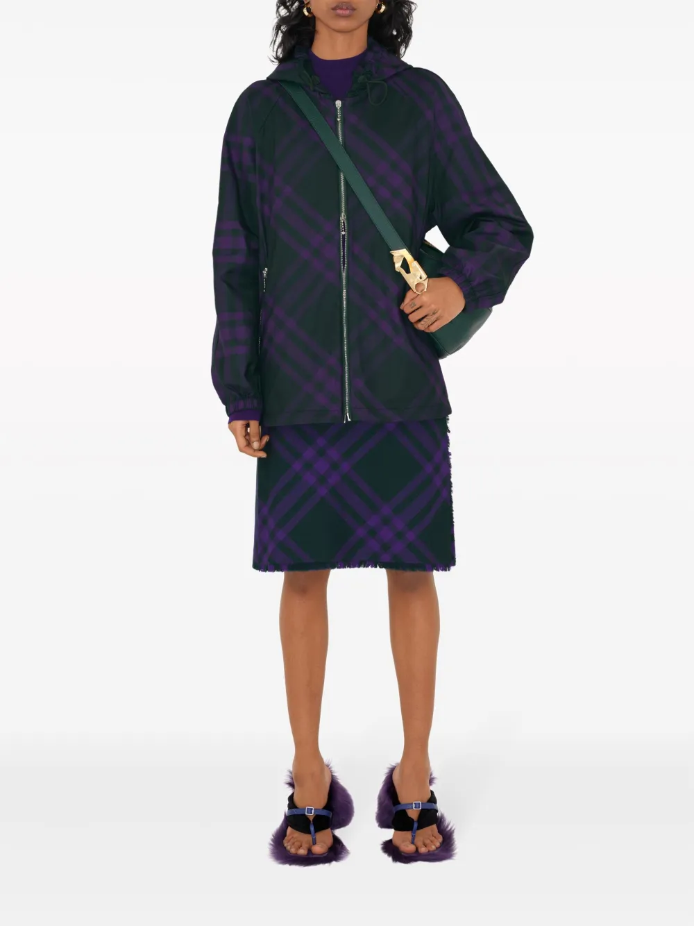 Shop Burberry Check-pattern Hooded Jacket In Purple