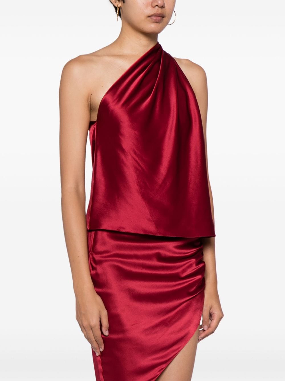 Shop Michelle Mason Asymmetric Halterneck Silk Top In Red