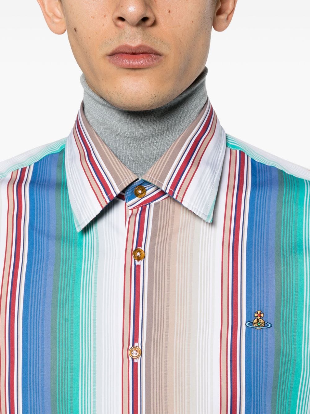 Shop Vivienne Westwood Orb-embroidered Striped Cotton Shirt In Blue