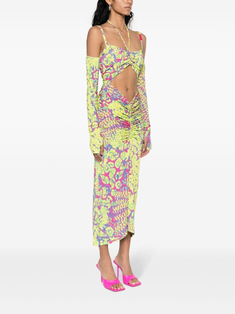 Shop Versace Jeans Couture Abstract-print Off-shoulder Midi Dress In Yellow