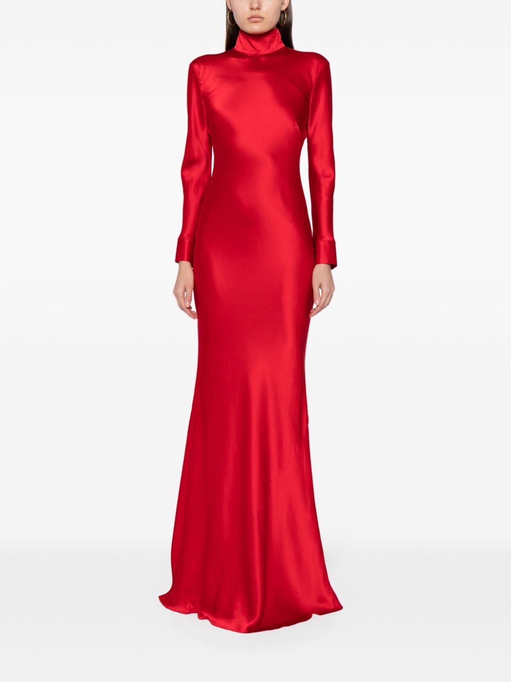 Shop Michelle Mason Open-back Long-sleeve Gown Dress In Red