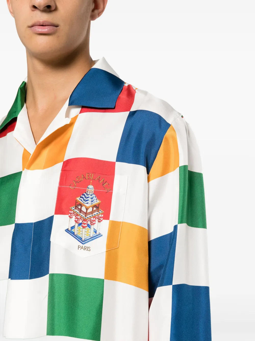 checkerboard-print silk shirt